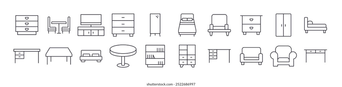 Tisch-, Schrank-, Spiegel-, Stuhl- und Tischlinien-Symbolpaket. Bearbeitbarer Strich. Minimalistisches lineares Piktogramm für das Design von Karten, Apps, Bannern, Posts