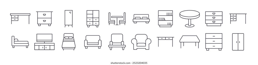 Table, Closet, Mirror, Chair and Table Line Icon Set. Editable Stroke. Minimalistic Linear Pictogram for Design of Cards, Apps, Banners, Posts