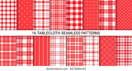 Table cloth background. Vichy seamless pattern. Set red tablecloth. Checkered textures. Picnic kitchen prints. Gingham plaid textile. Geometric design. Retro tartan backdrops. Vector illustration