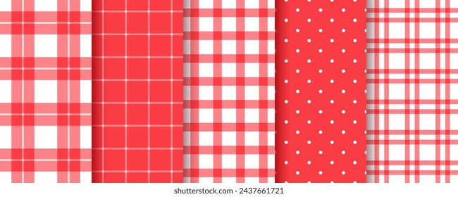 Table cloth pattern. Checkered plaid seamless texture. Gingham buffalo red background. Set retro tartan textile prints. Geometric tablecloth simple design. Picnic kitchen backdrop. Vector illustration