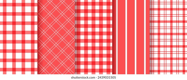 Table cloth pattern. Checkered plaid seamless texture. Gingham buffalo red tablecloth. Geometric vichy background. Set retro tartan textile prints. Picnic kitchen backdrop. Vector illustration.