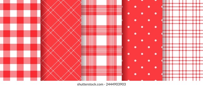 Table cloth pattern. Checkered plaid seamless background. Gingham buffalo red texture. Set retro tartan textile prints. Picnic kitchen backdrop. Geometric tablecloth simple design. Vector illustration