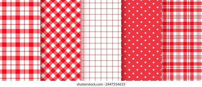 Table cloth pattern. Checkered seamless background. Gingham plaid red texture. Set buffalo tartan prints. Retro picnic kitchen backdrop. Vichy textile. Geometric tablecloth design. Vector illustration