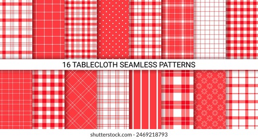 Table cloth pattern. Vichy seamless background. Set red tablecloth. Checkered prints. Picnic kitchen textures. Gingham plaid textile. Retro tartan backdrops. Geometric design. Vector illustration