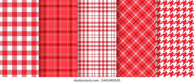 Table cloth seamless background. Gingham tartan pattern. Picnic lumberjack tablecloth. Set plaid prints. Kitchen napkin backdrop. Red cloth textile. Checkered buffalo texture. Vector illustration