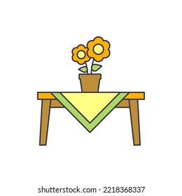 Table with table cloth and vase flower icon in color, isolated on white background 