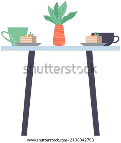 Table with coffee beverage and dessert. Kitchen or coffeehouse furniture with latte and sweet food. Cappuccino drink and bakery for couple. Table with coffee and cake in cafe or restaurant set for two