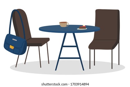 Table with coffee beverage and dessert on plate, couple of nobody chairs with bag isolated on white. Kitchen or coffeehouse furniture with latte and sweet food. Cappuccino drink and bakery vector