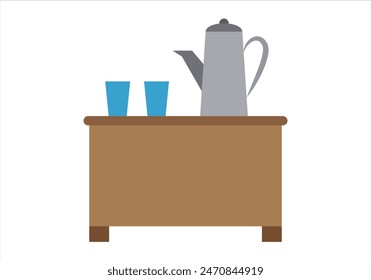Table with coffee maker and blue glasses