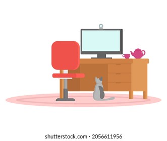 Table with computer and chair in interior of workplace in apartment. Modern workplace interior with furniture and dishesArrangement of furniture and plants at place for working from home