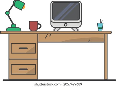 A table with a computer, coffee cup and desk lamp professionally and beautifully on a white background