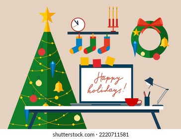 Tisch mit Computer, Geschenke, Weihnachtsbaum. Weihnachtsbüros Freelancer-Arbeitsbereich. Flache Vektorgrafik.