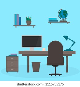 Table with computer, lamp and cup. Shelves  with books and a globe on it. Workplace of the student. Room or office interior. Education and learning concept. Easy to edit flat vector design template.