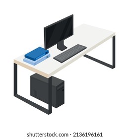 Table with computer semi flat color vector object. Full sized item on white. Space for remote job. Workplace environment simple cartoon style illustration for web graphic design and animation