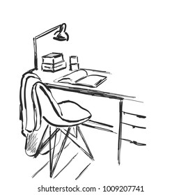 Table with a computer or workplace drawn by hand doodle style.