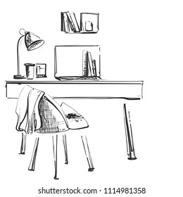 Table with a computer or workplace drawn by hand doodle style. Vector illustration.