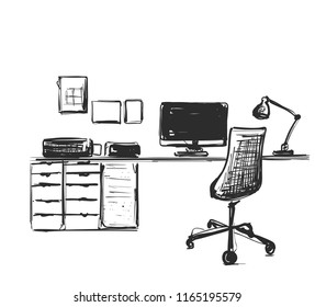 Table with a computer or workplace drawn by hand doodle style.