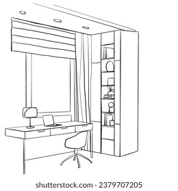 Table with a computer or workplace drawn by hand doodle style. Office interior sketch.