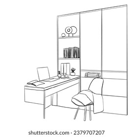 Table with a computer or workplace drawn by hand doodle style. Office interior sketch.