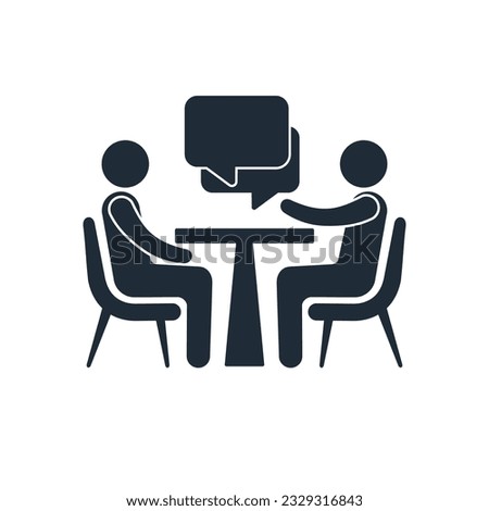Table conversation. Interview, negotiations, discussion. Vector linear icon isolated on white background.