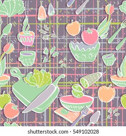 Table for cooking. kitchen elements in cartoon style. Seamless wallpaper for doll
Cooking on a checkered tablecloth