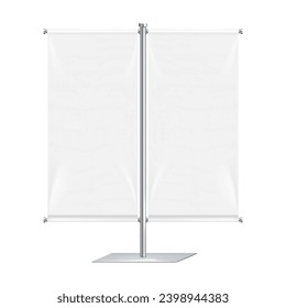 Table counter banner stand, countertop vertical poster display on metal signholder pole and base vector mockup. Tabletop sign mock-up. Template for design