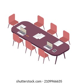 Table for counting votes during election with laptops calculators ballots isometric vector illustration