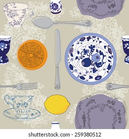 Table Cover With Blue China And Silverware Seamless