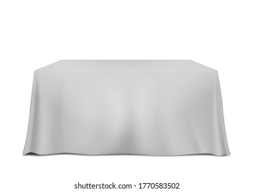 Table Covered With Blank Tablecloth Isolated On White Background, Vector Template.