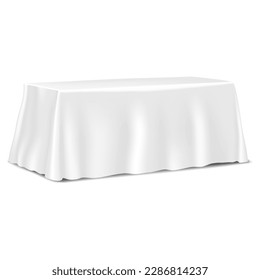 Mesa cubierta con manteles en blanco aislados sobre una mofa vectorial realista de fondo blanco. Plantilla para el diseño