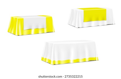 Mesa cubierta con mantel en blanco y corredor. Blanco y color. Conjunto de maqueta de Vector 3d realista. Escritorio con mantel. Fácil maqueta editable. Plantilla para el diseño
