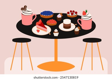 Table covered with desserts and frappe coffee and two chairs on each side. Flat style illustration