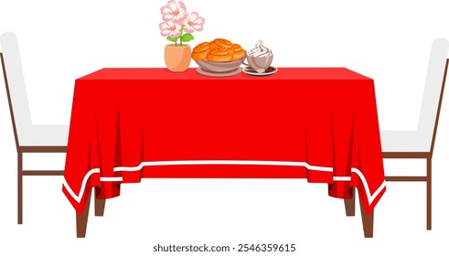 Mesa cubierta con un mantel rojo con un jarrón de flores