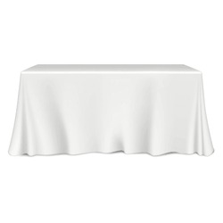 Table Covered With White Blank Tablecloth Realistic Vector Mock-up. Mockup Template For Design