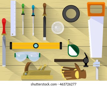 Table craftsman or builder. Banner template with chisel, screwdriver, chisel, glasses, seals, ruler, nails, tape measure, saw, file, rasp, insulating tape. Vector
