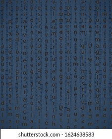 Table of cryptographic text. Golden symbols on a blue background. The falling letters and signs with traces of the trace. A cyber message from the future or a secret cipher from the past.