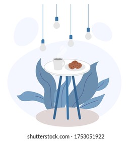 Table with cup of coffee and cookies background vector illustration cartoon flat design modern style 