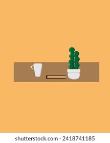 table cup indoor flower and notepad on an orange background