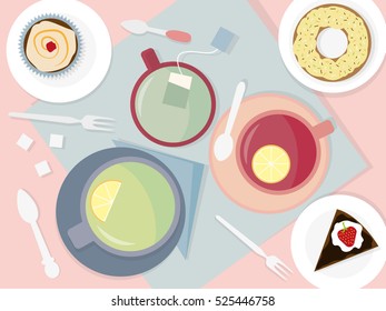 Table with cups of tea and desserts. Flat vectors
