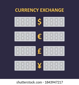 Table of currency exchange. Electronic led currency exchange display. Cny, usd, eur, gbp icon. Vector