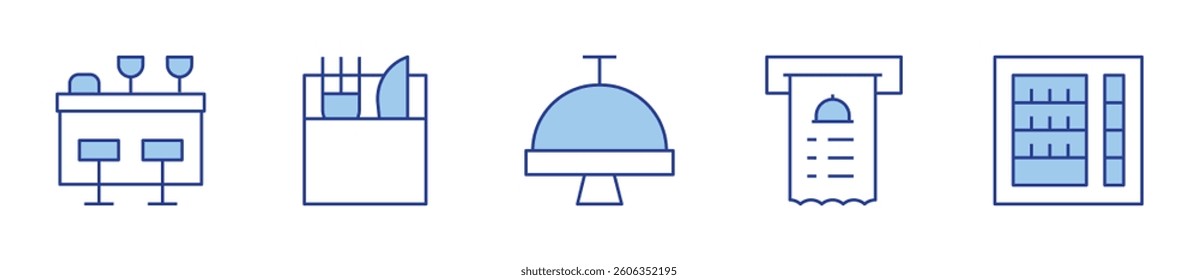 table, cutlery, buffet, bill, food and restaurant. Restaurant Icon vector illustration. Line Duotone style. Editable stroke.