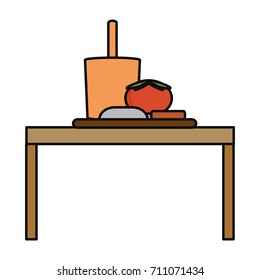 table with cutting board and vegetables