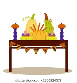 Table is decorated for the autumn Halloween holiday. Vector illustration of a festive interior in a flat cartoon style.
