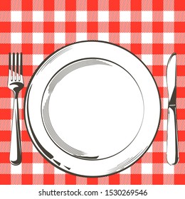 Table decorating setting. Vector Festive cutlery set: fork, knife, empty plate on red chequered Tartan tablecloth. Menu. Top view. Color isolated illustration on red background.