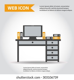 Table, desk with computer and folders, documents, vector, flat, web icon.