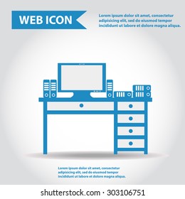 Table, desk with computer and folders, documents, vector, flat, web icon.