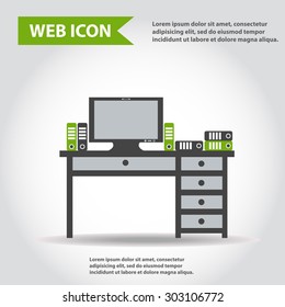Table, desk with computer and folders, documents, vector, flat, web icon.