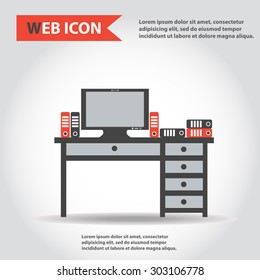 Table, desk with computer and folders, documents, vector, flat, web icon.
