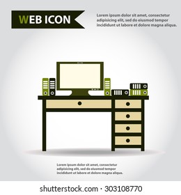 Table, desk with computer and folders, documents, vector, flat, web icon.