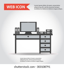 Table, desk with computer and folders, documents, vector, flat, web icon.